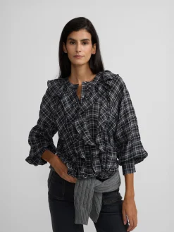 Blusa chorreras cuadros negros