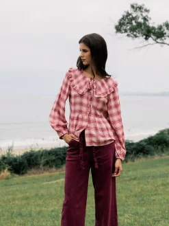 Blusa cuello bobo cuadros rosas