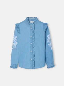 Blusa girl denim bordado flores blancas