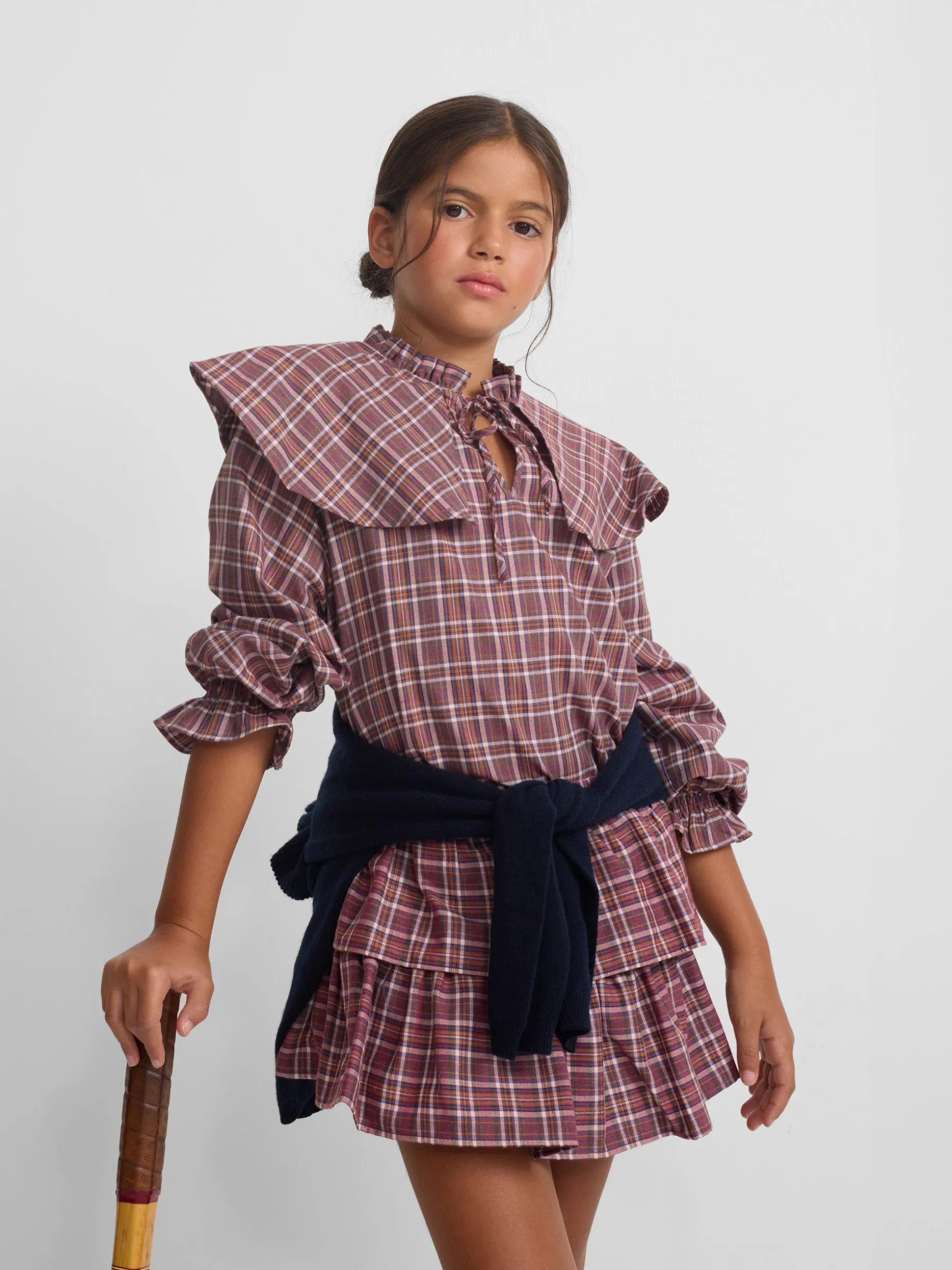 Blusa girl volante cuadros morados y rosas