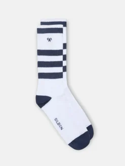 Calcetin sport blanco rayas marino