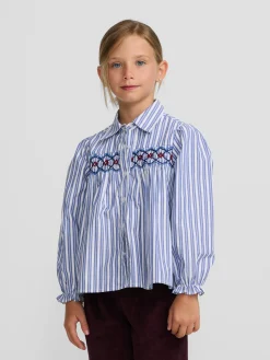 Camisa girl fruncidos rayas azul y blanca