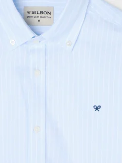 Camisa sport oxford celeste raya fina blanca
