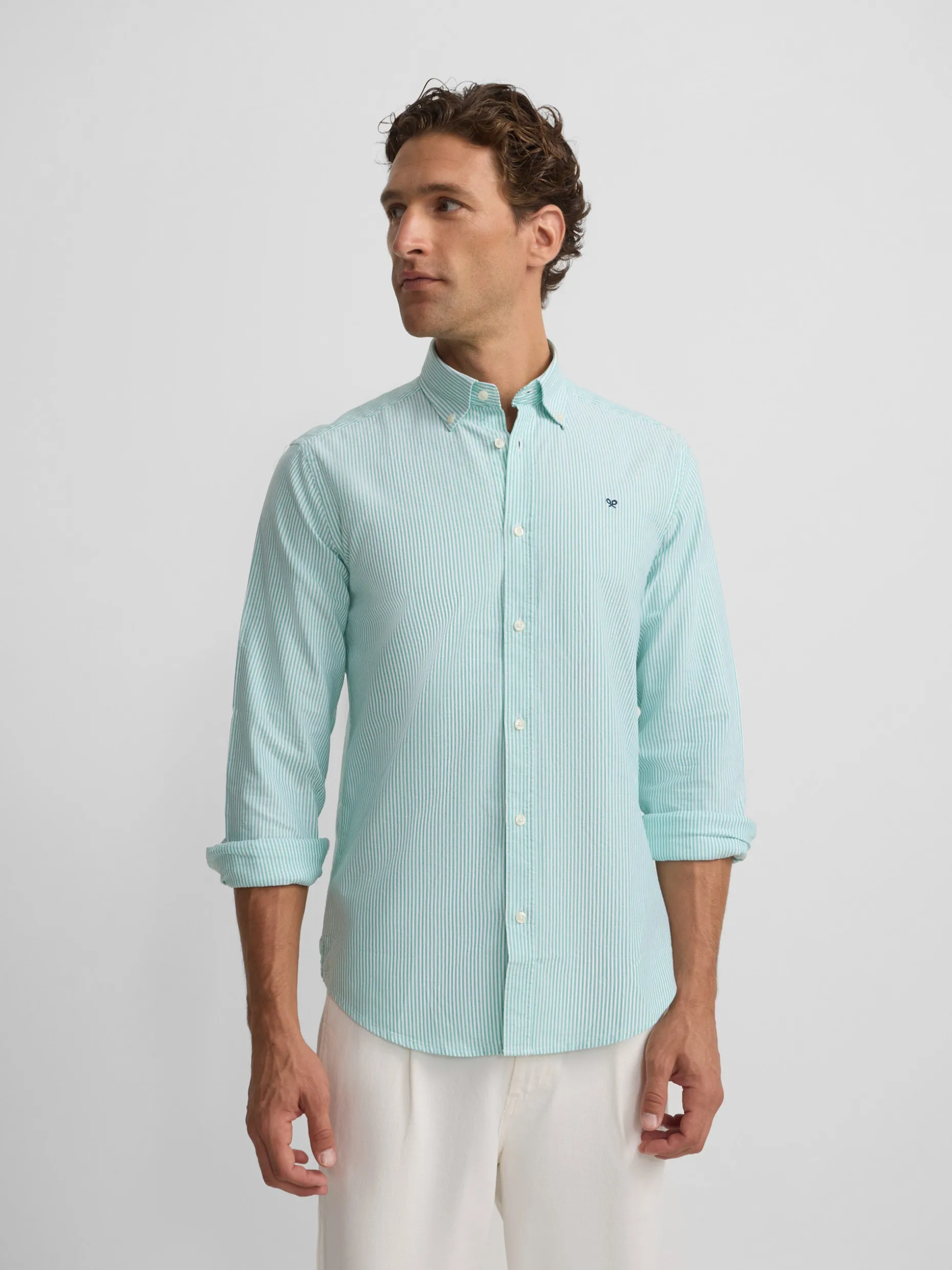 Camisa sport oxford rayas verde medio