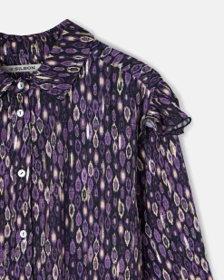 Camisa volantes hombro estampado ikat morados