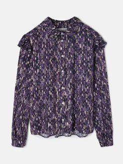 Camisa volantes hombro estampado ikat morados