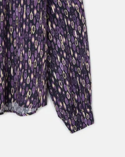 Camisa volantes hombro estampado ikat morados