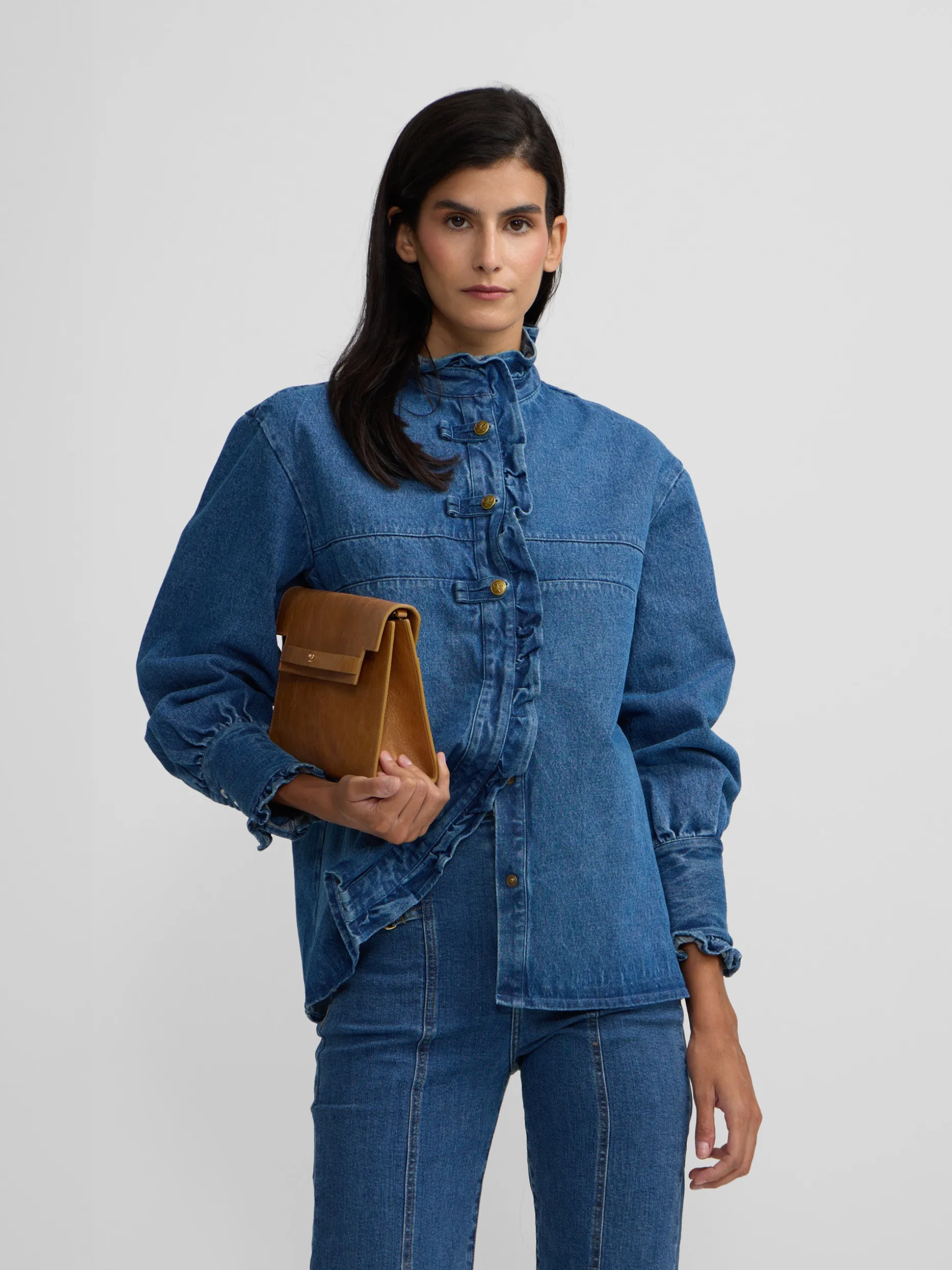 Camisa volantes solapa denim