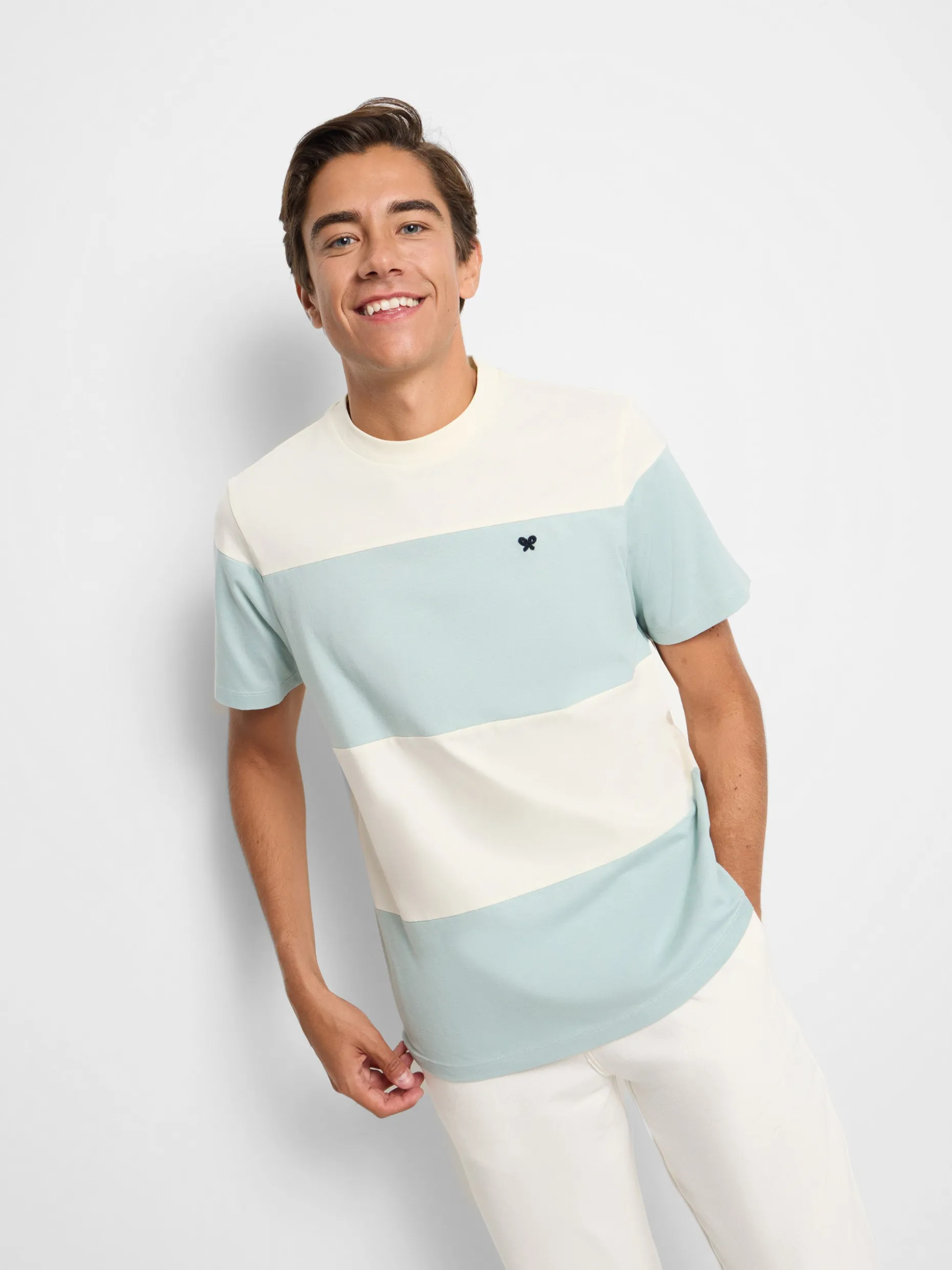 Camiseta raya ancha verde claro crema