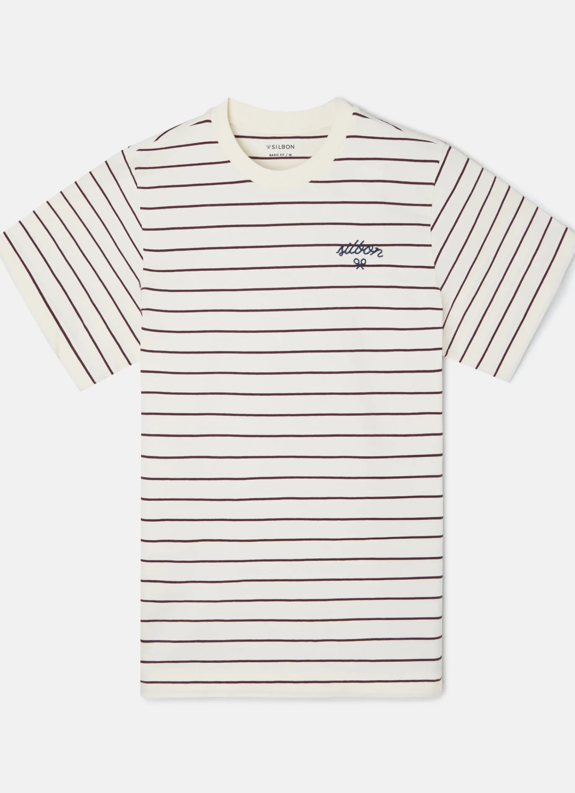 Camiseta raya fina burdeos crema