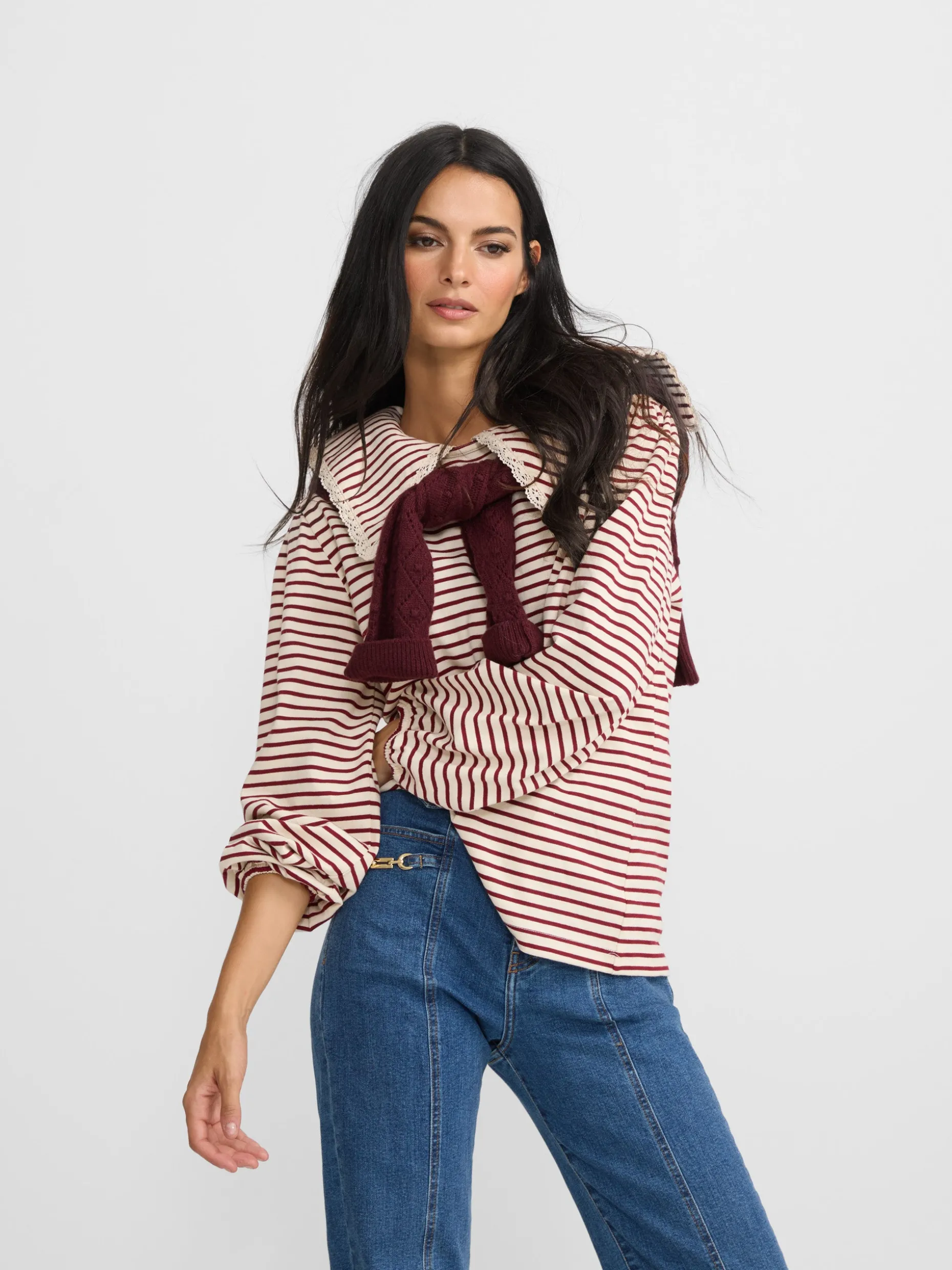Camiseta woman cuello bobo rayas granate