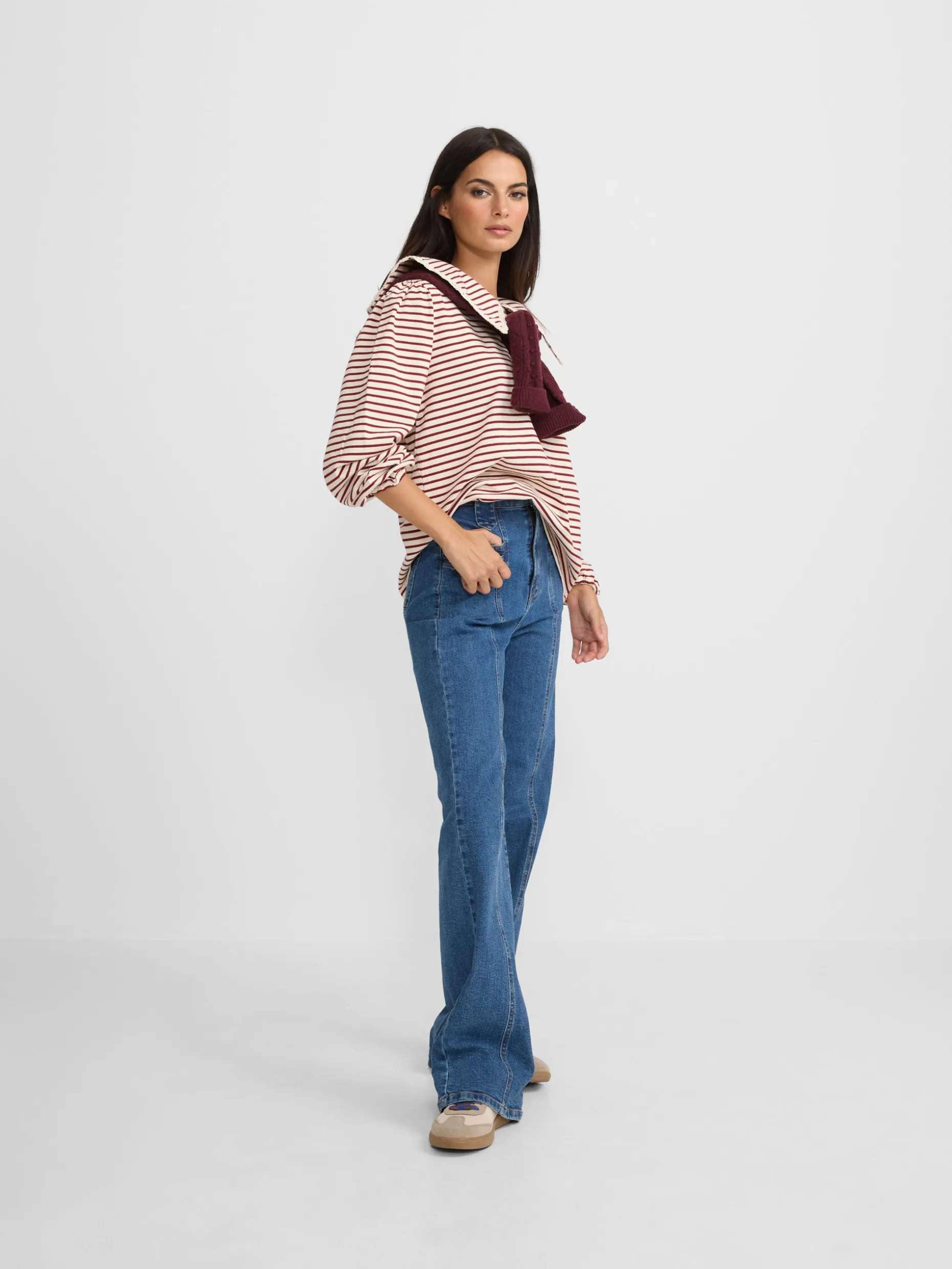 Camiseta woman cuello bobo rayas granate