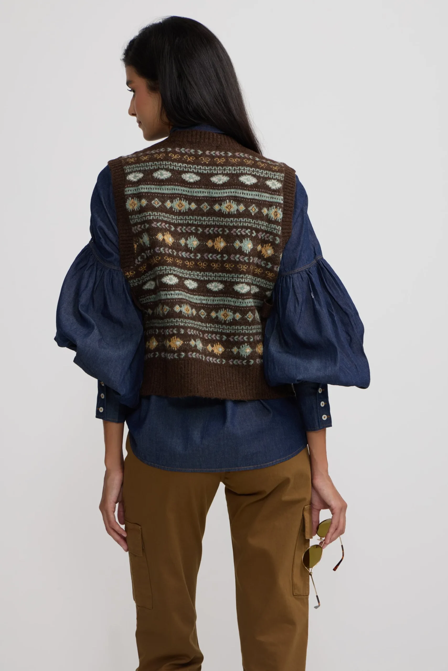 Chaleco punto lazada jacquard marron