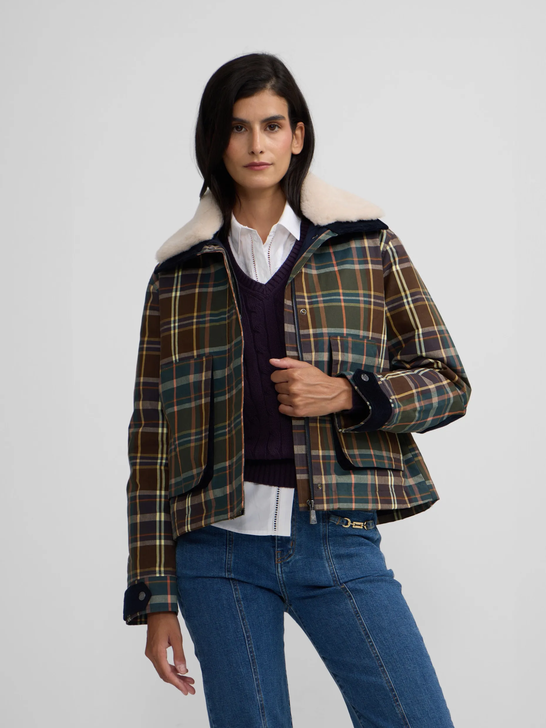Chaqueta encerada borrego cuadros verdes