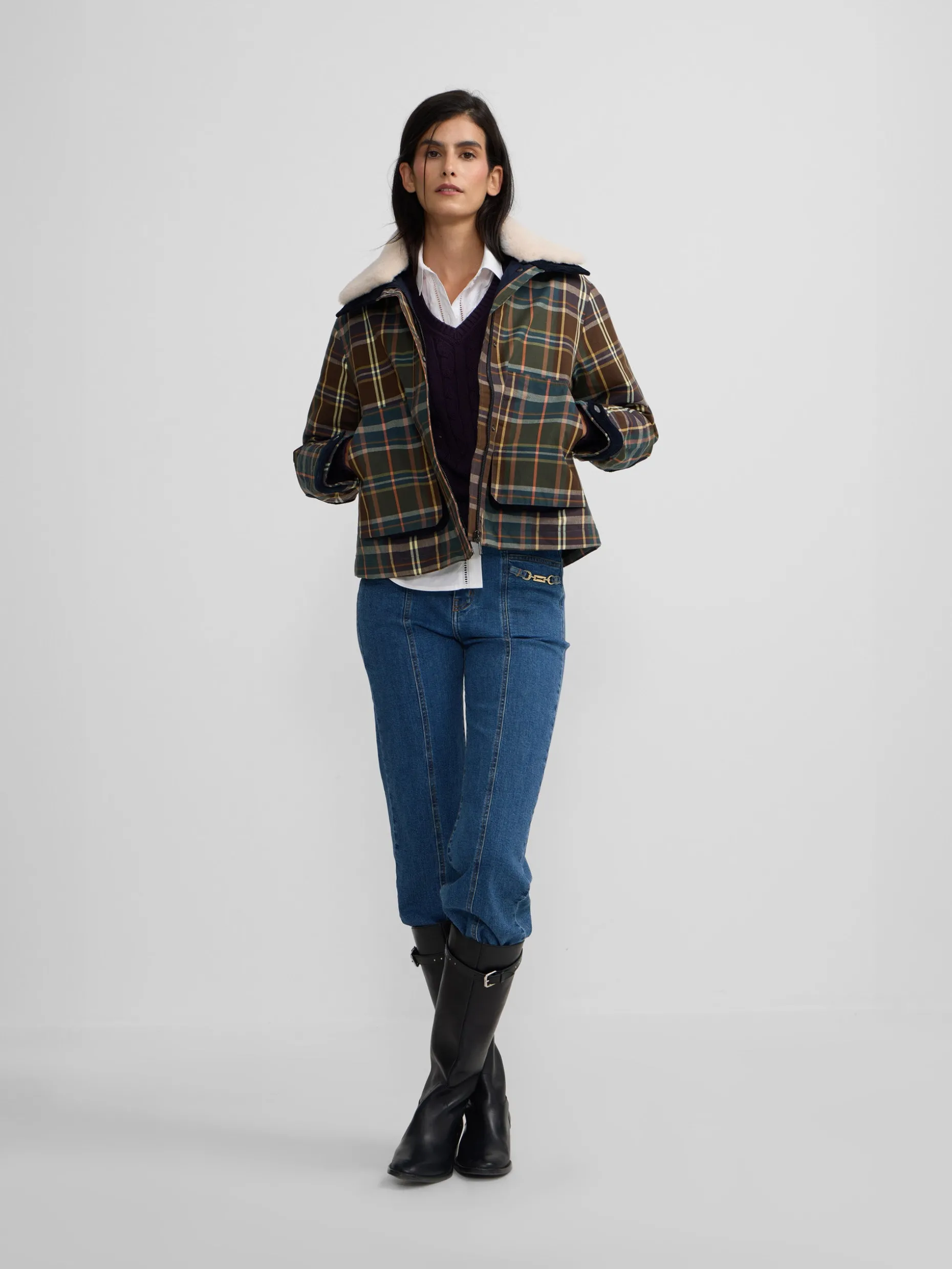 Chaqueta encerada borrego cuadros verdes