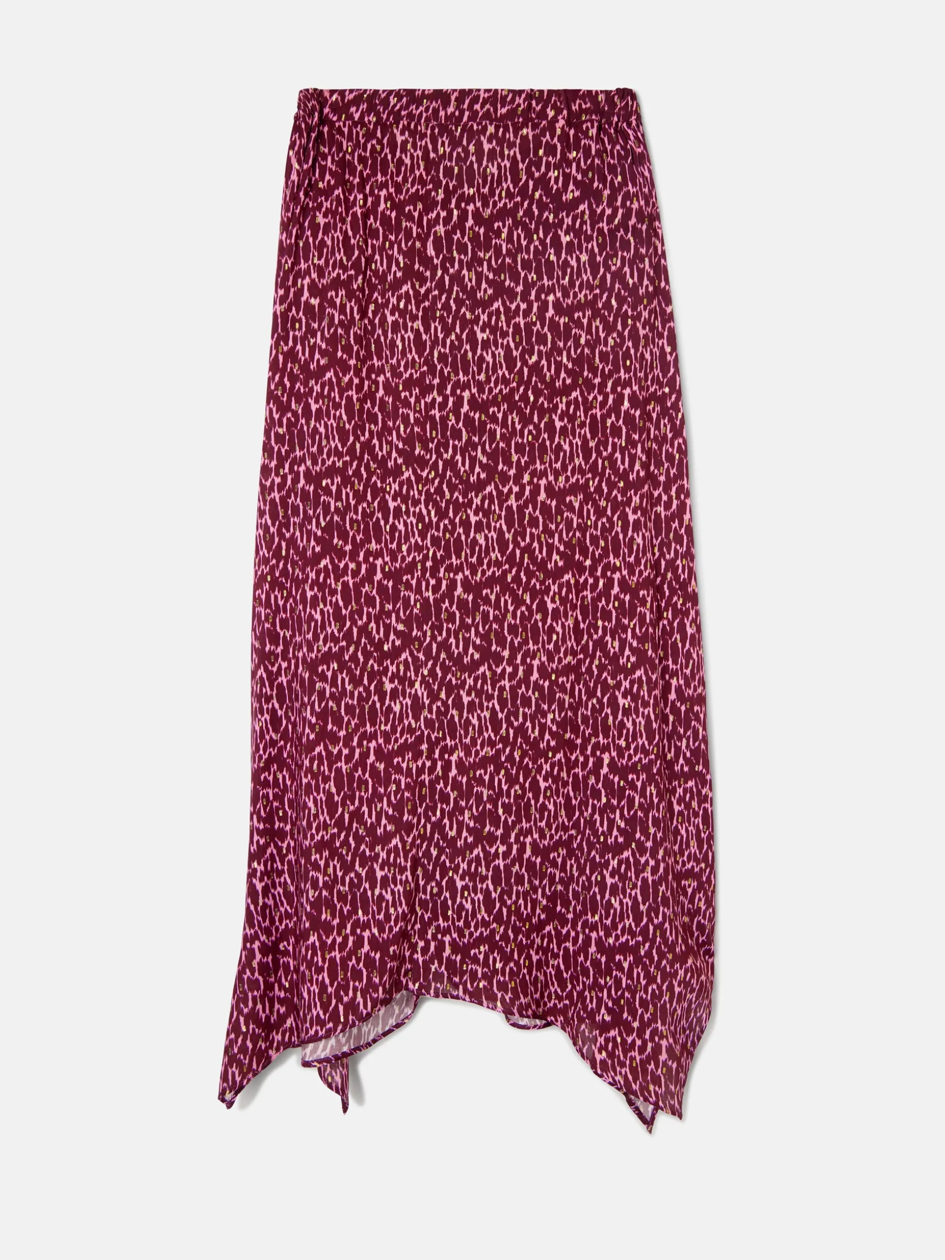 Falda midi asimetrica estampado lurex morados