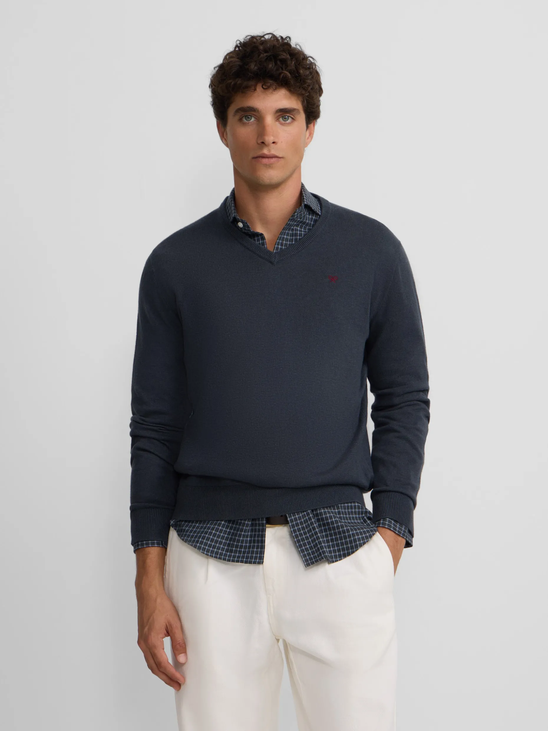 Jersey classic cuello pico azul gris