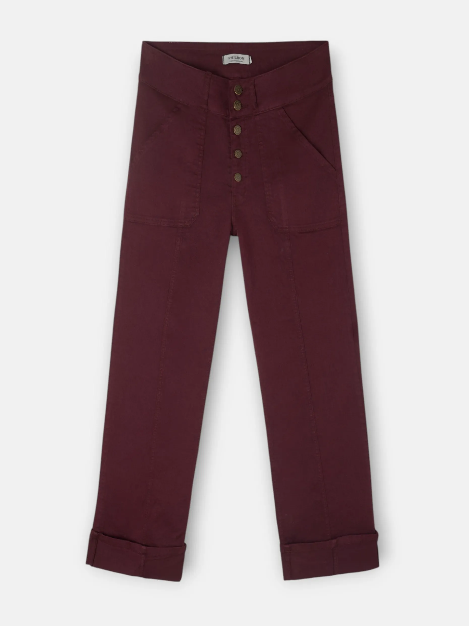 Pantalon denim vuelta burdeos