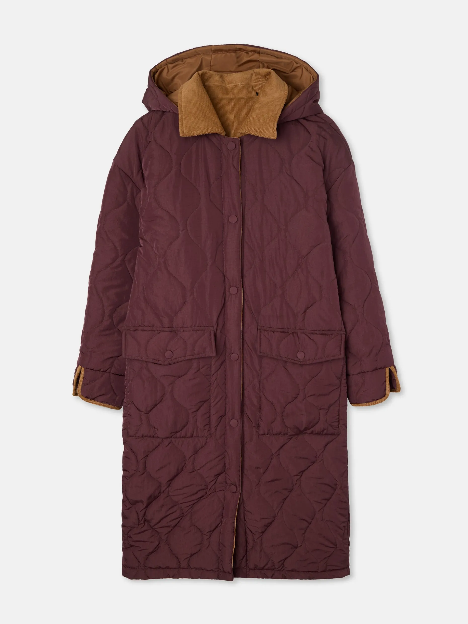 Parka larga acolchada detalles pana burdeos