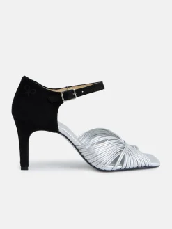 Sandalia tacon piel combinada negro y plata