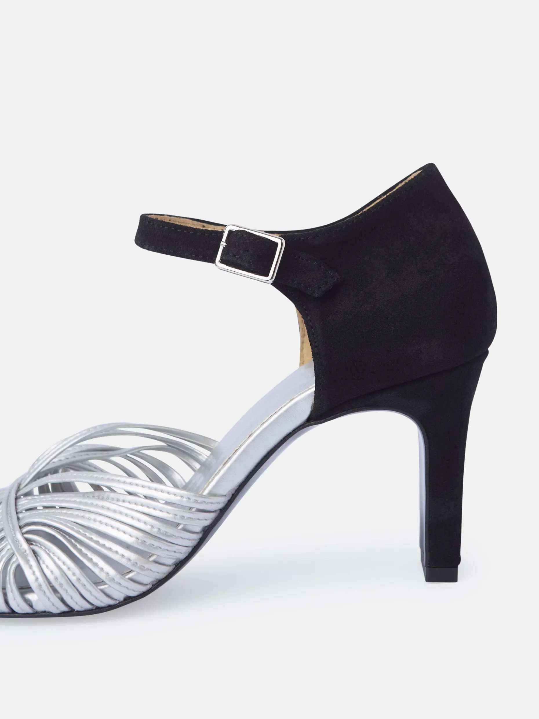 Sandalia tacon piel combinada negro y plata