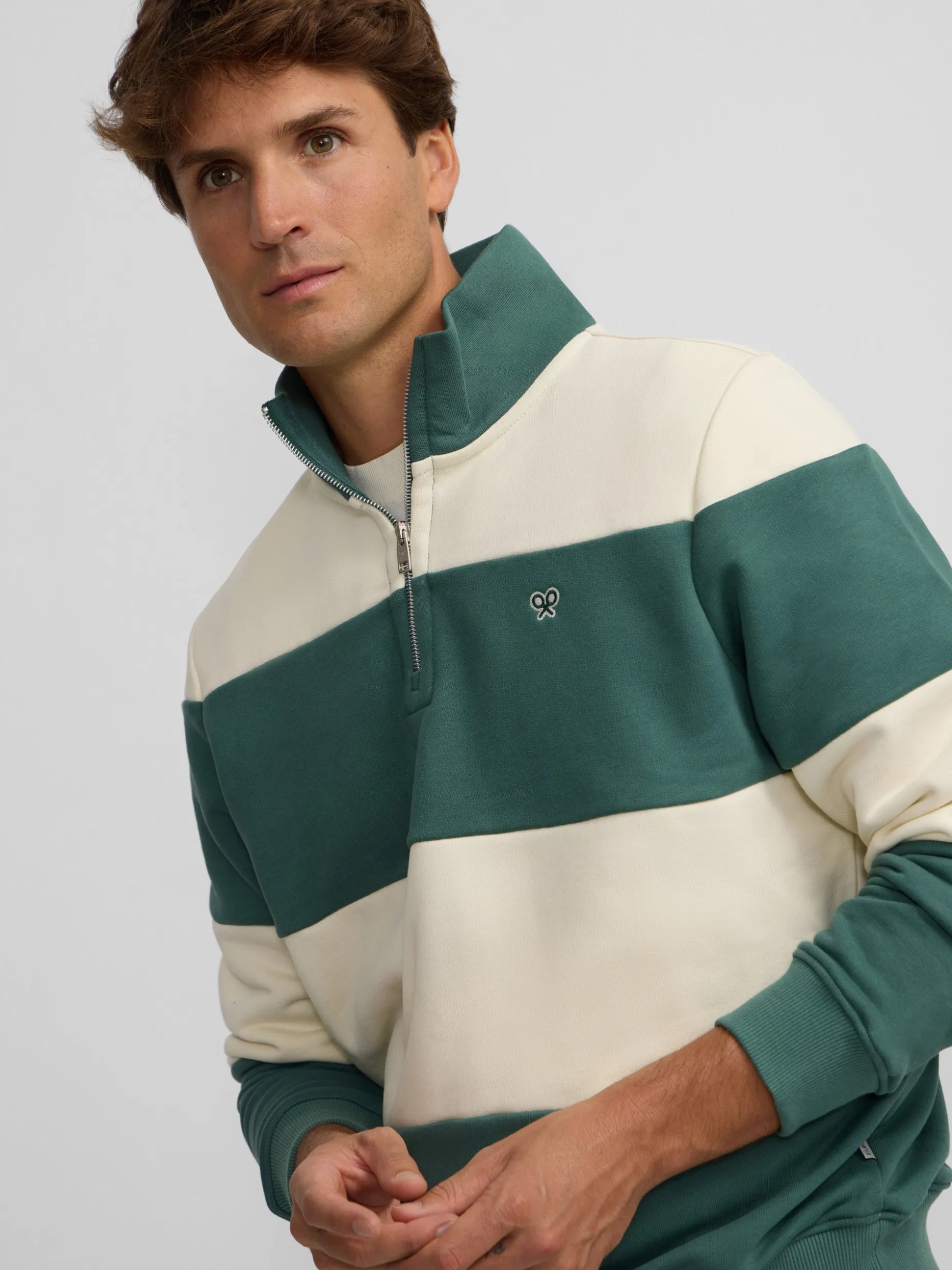 Sudadera media cremallera raya ancha verde