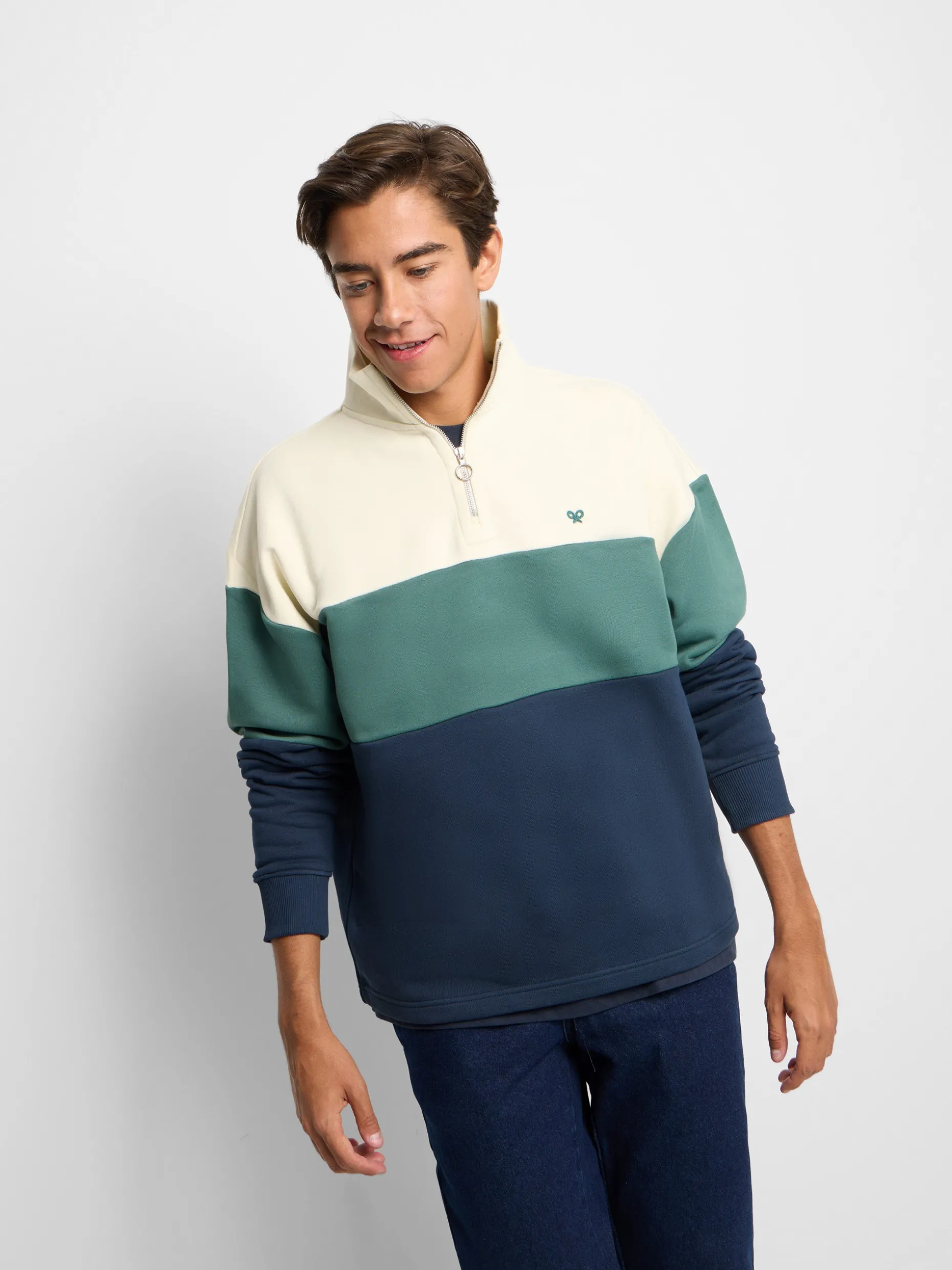 Sudadera relaxed fit media cremallera bloques azul verde