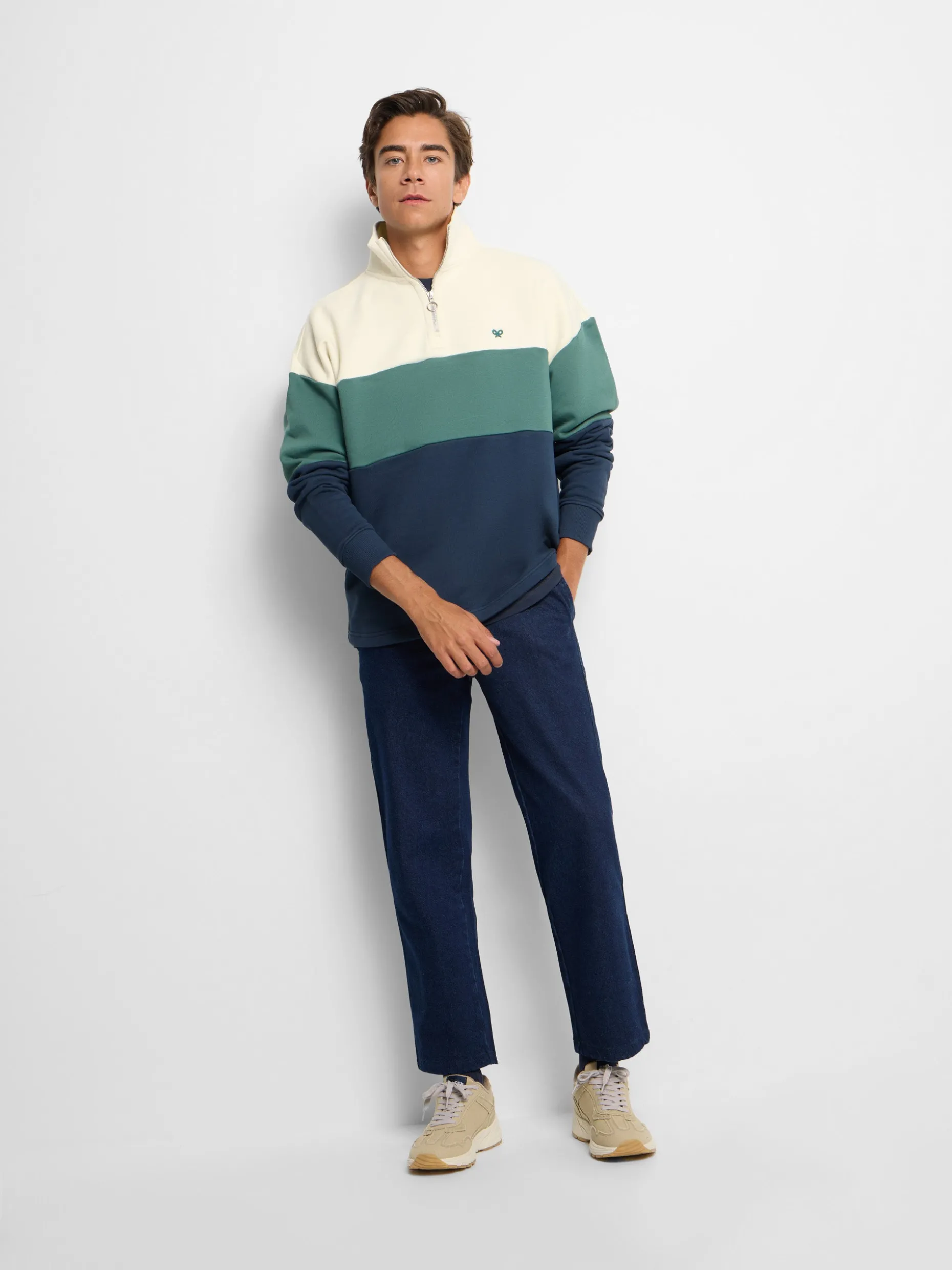 Sudadera relaxed fit media cremallera bloques azul verde