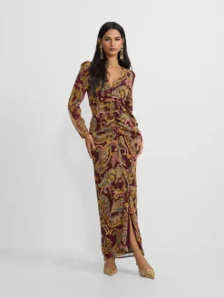 Vestido largo abertura estampado cachemir burdeos