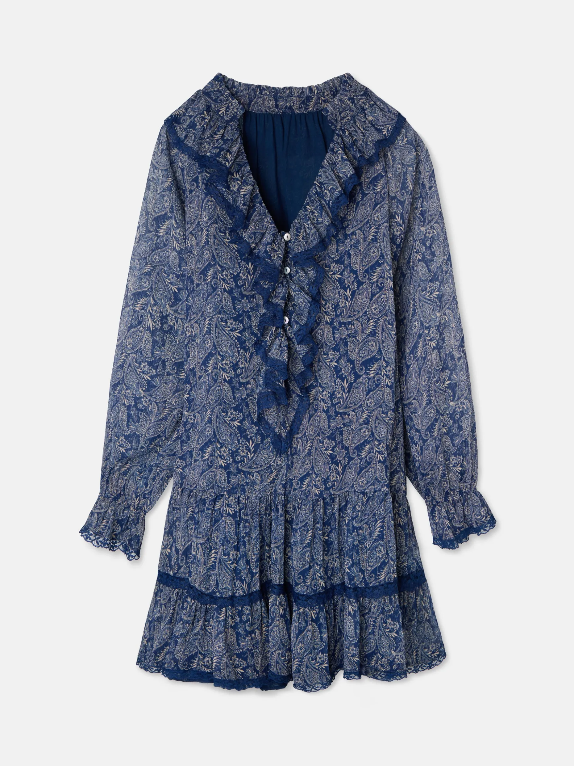 Vestido mini chorreras estampado azul