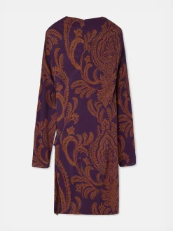Vestido mini drapeado estampado morado y camel