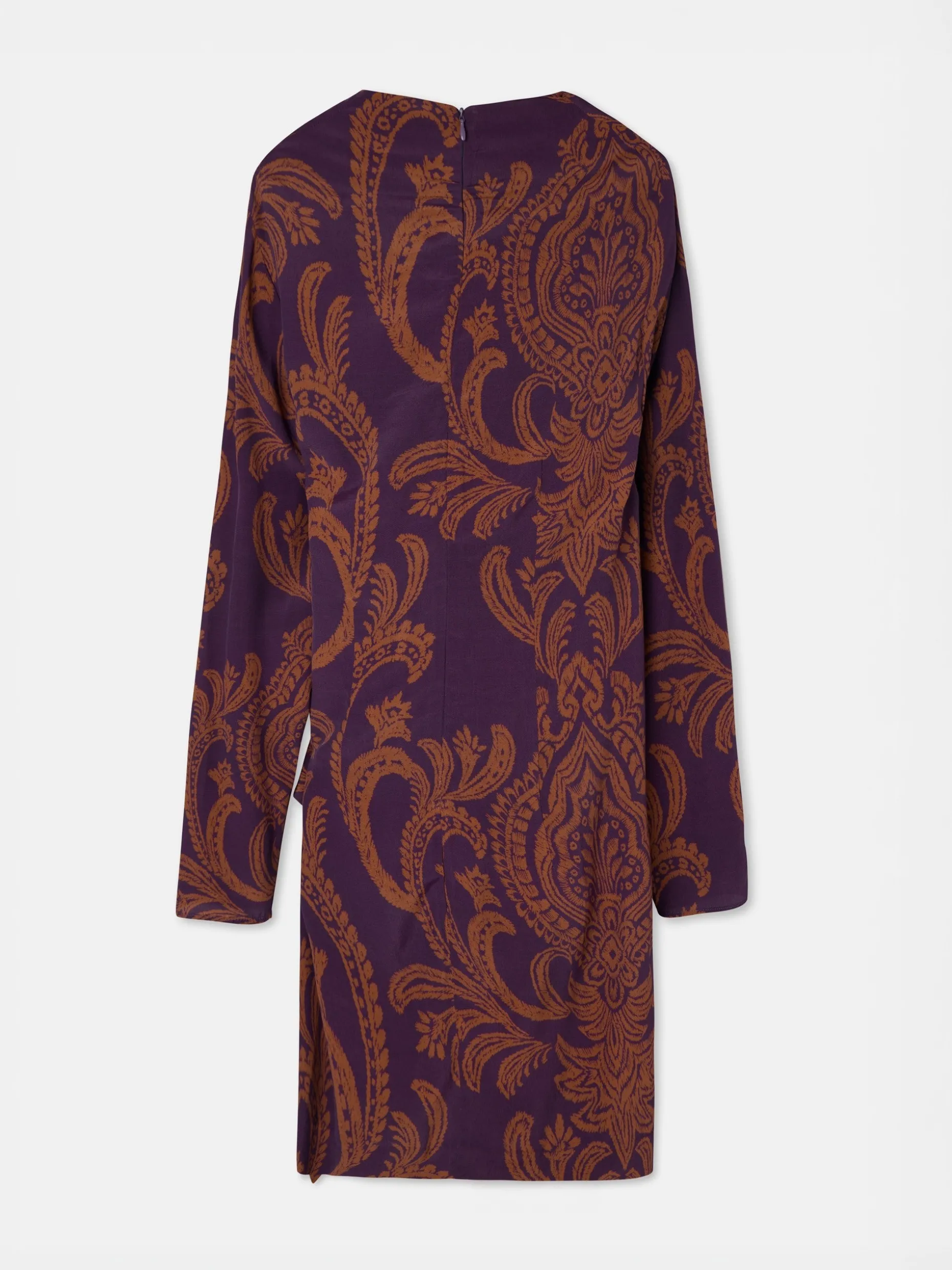 Vestido mini drapeado estampado morado y camel