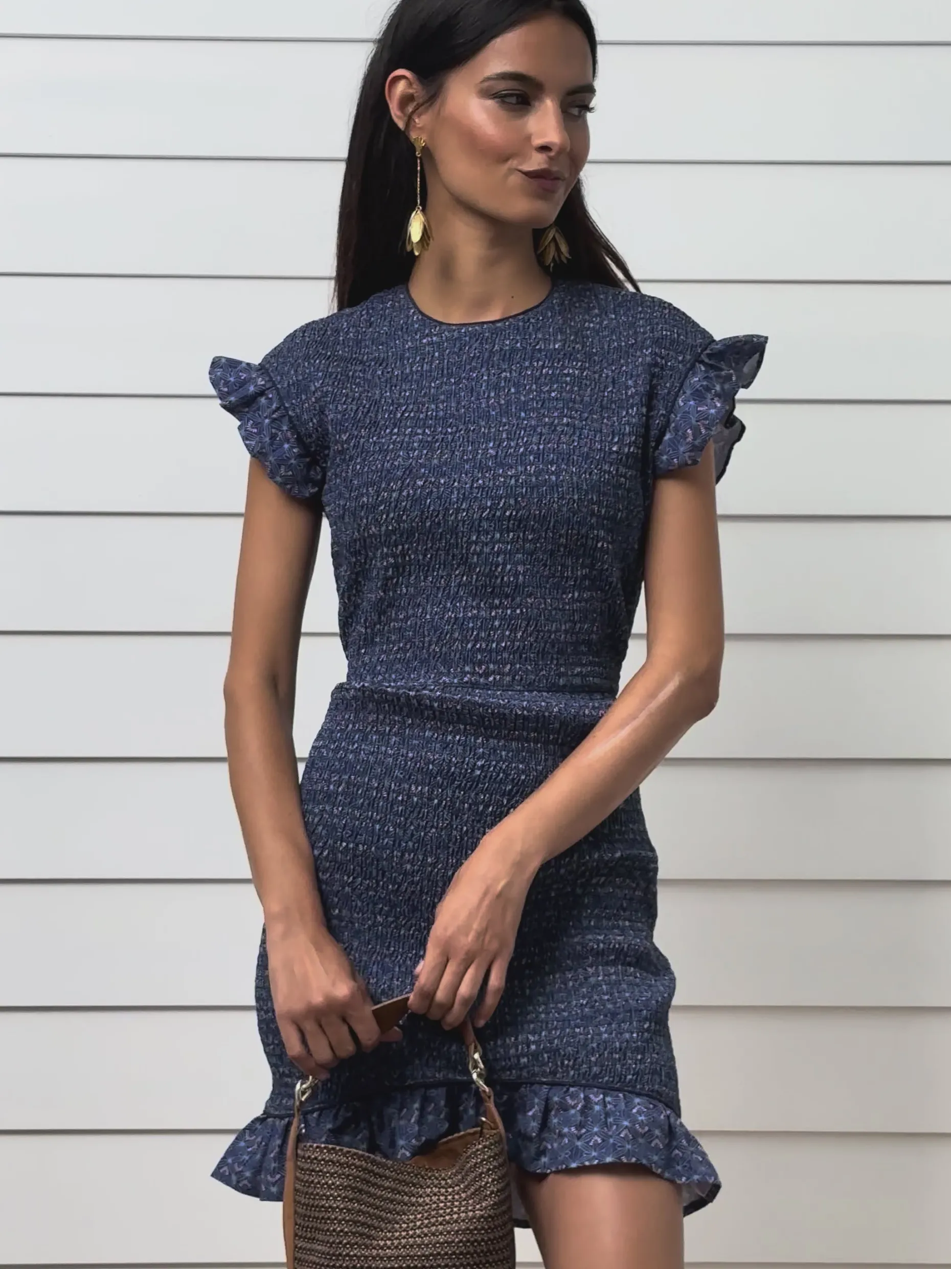 Vestido mini fruncido estampado azules