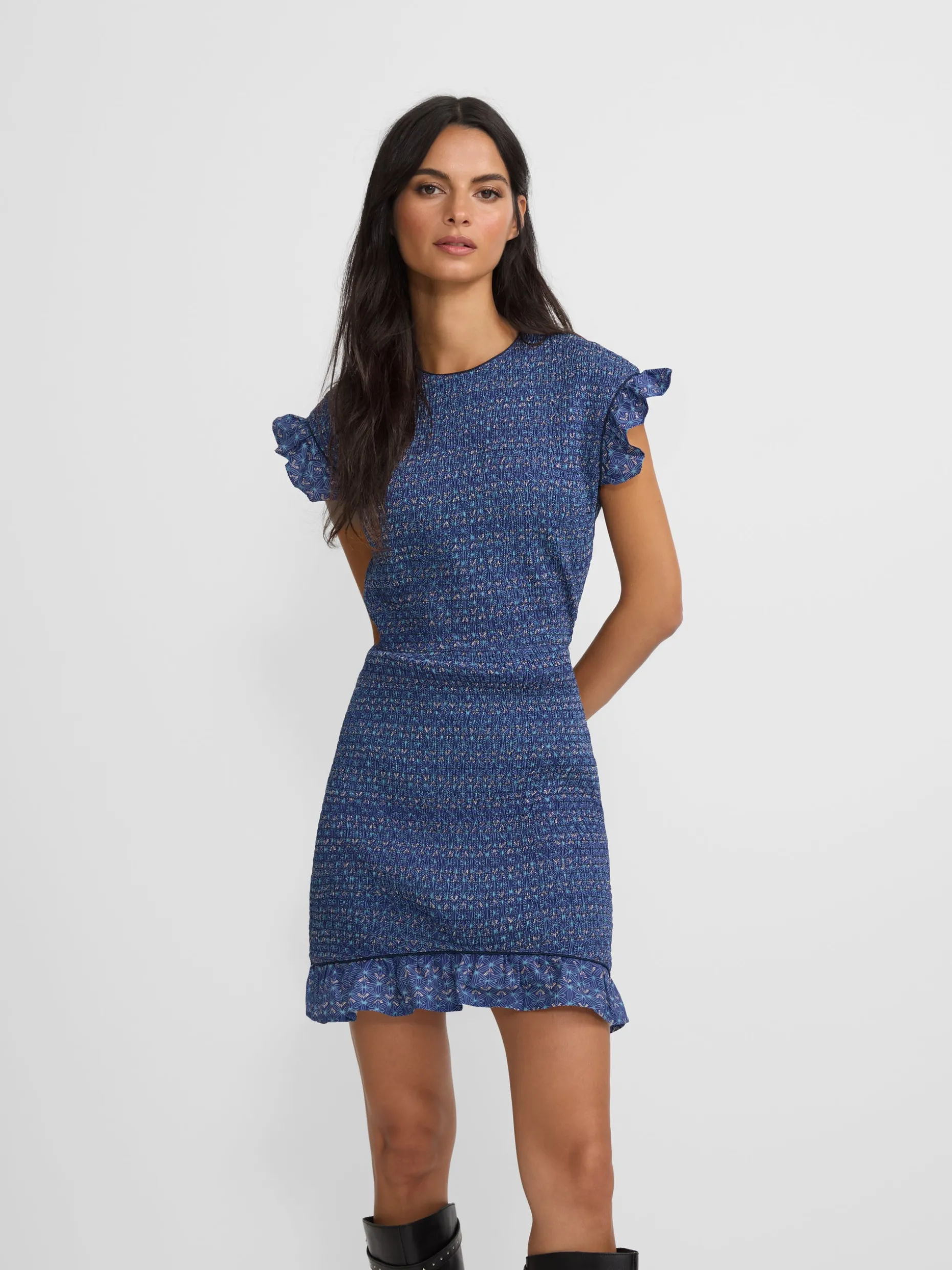 Vestido mini fruncido estampado azules