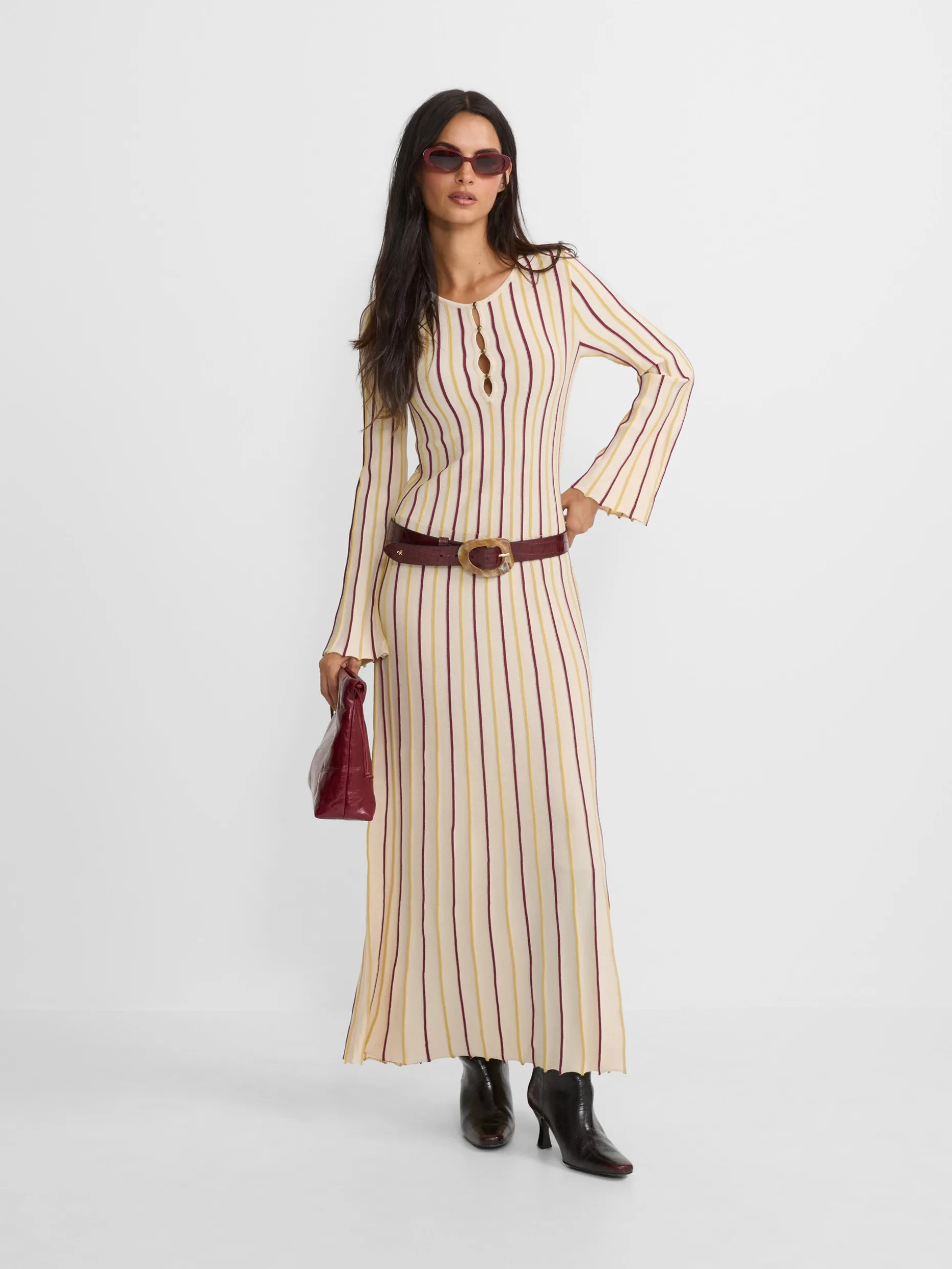 Vestido punto rayas beige